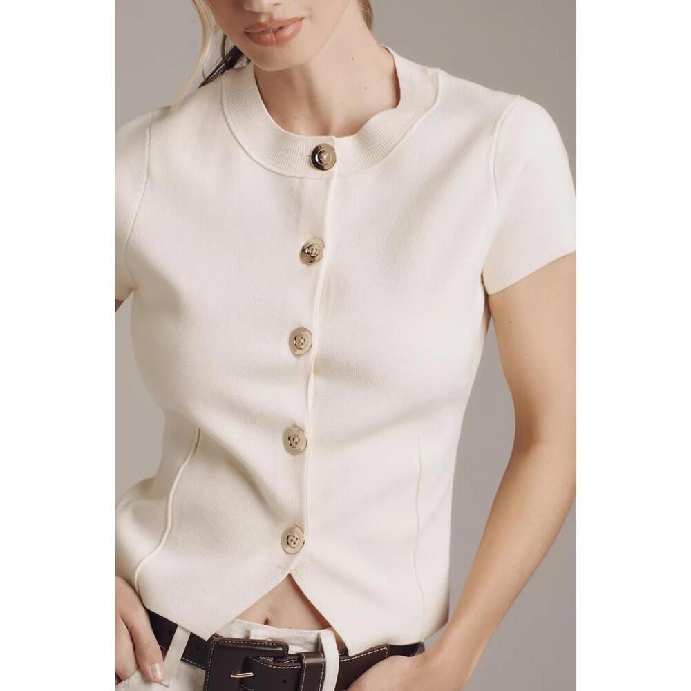 Maeve Cream Short Sleeve Knit Button Front Top Gold Buttons Size S